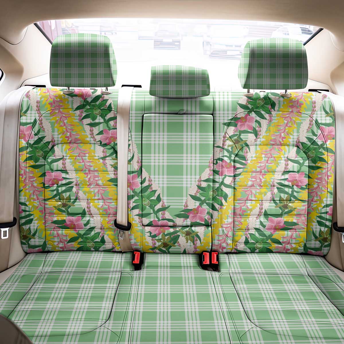 Hawaii Pikake Lokelani Plumeria Lei Back Car Seat Cover Green Palaka Motifs LT05 - Polynesian Pride
