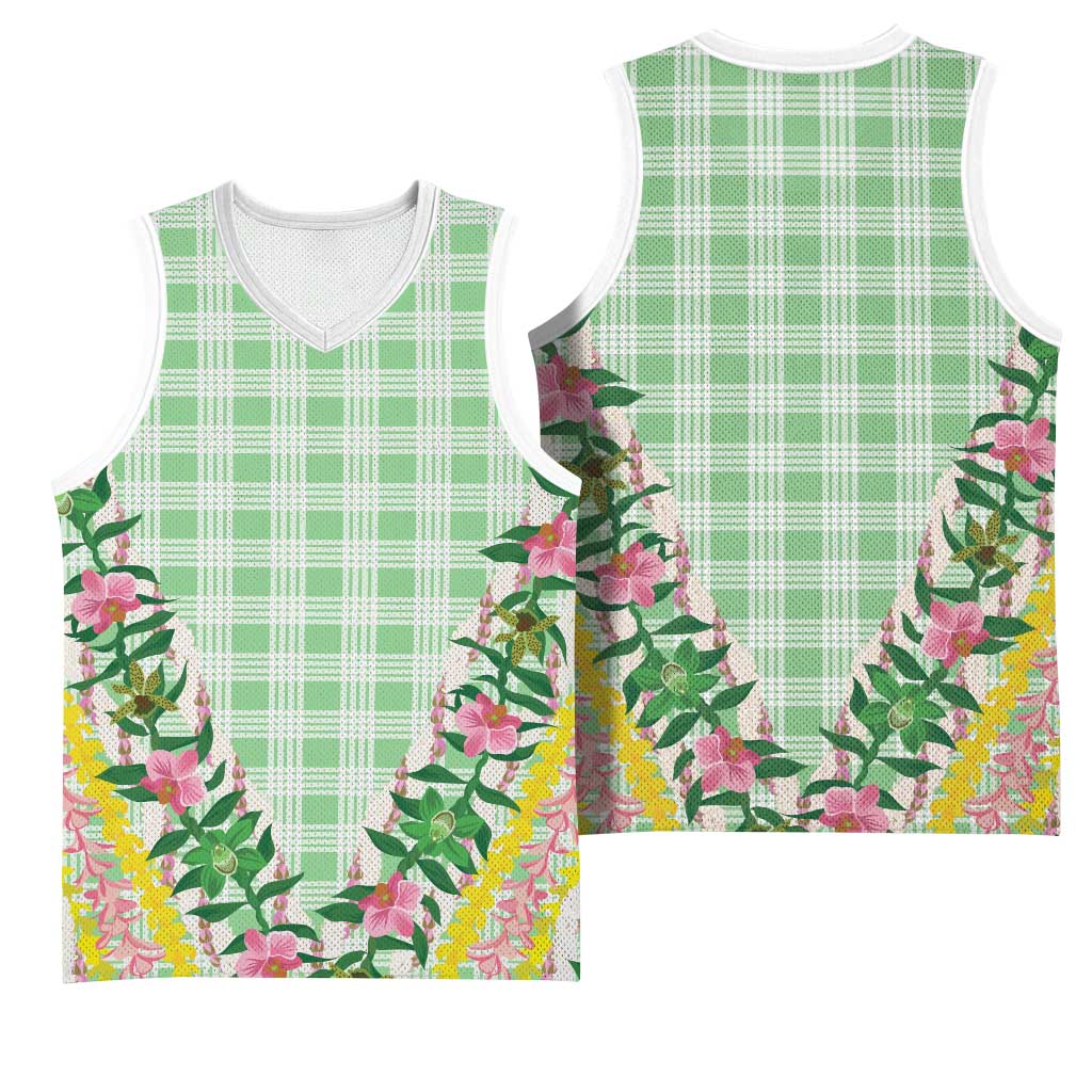 Hawaii Pikake Lokelani Plumeria Lei Basketball Jersey Green Palaka Motifs LT05 - Polynesian Pride