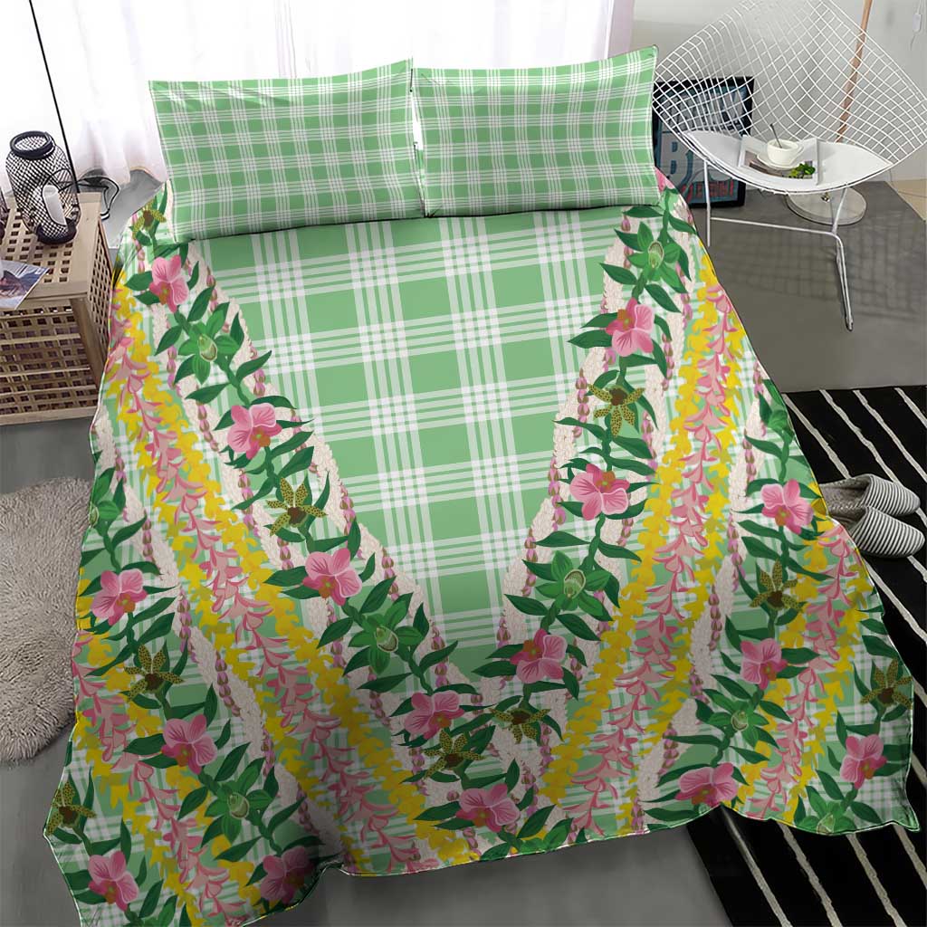 Hawaii Pikake Lokelani Plumeria Lei Bedding Set Green Palaka Motifs LT05 - Polynesian Pride