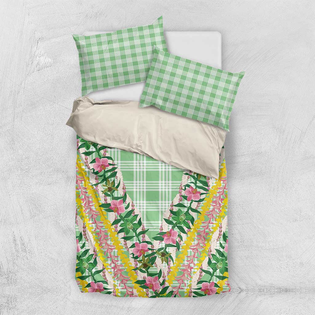Hawaii Pikake Lokelani Plumeria Lei Bedding Set Green Palaka Motifs LT05 US Twin 172cm x 218cm Green - Polynesian Pride