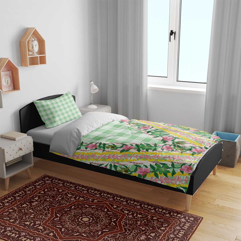 Hawaii Pikake Lokelani Plumeria Lei Bedding Set Green Palaka Motifs LT05 - Polynesian Pride