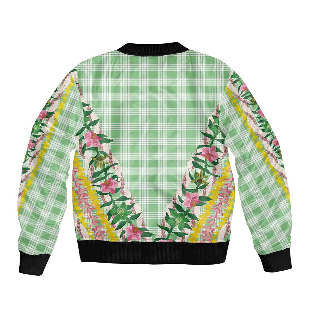 Hawaii Pikake Lokelani Plumeria Lei Bomber Jacket Green Palaka Motifs