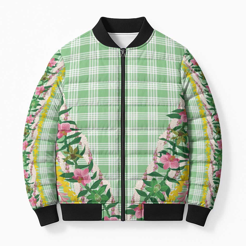 Hawaii Pikake Lokelani Plumeria Lei Bomber Puffer Jacket Green Palaka Motifs