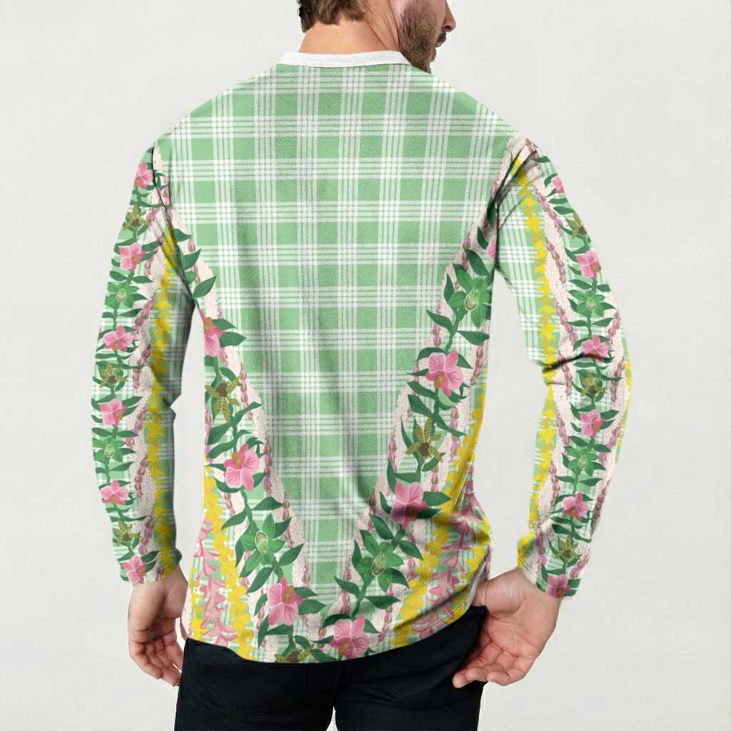 Hawaii Pikake Lokelani Plumeria Lei Button Sweatshirt Green Palaka Motifs LT05 - Polynesian Pride