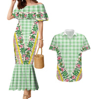 Hawaii Pikake Lokelani Plumeria Lei Couples Matching Mermaid Dress and Hawaiian Shirt Green Palaka Motifs LT05 Green - Polynesian Pride