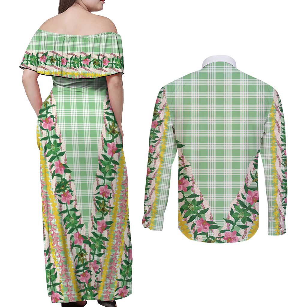 Hawaii Pikake Lokelani Plumeria Lei Couples Matching Off Shoulder Maxi Dress and Long Sleeve Button Shirt Green Palaka Motifs