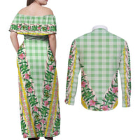 Hawaii Pikake Lokelani Plumeria Lei Couples Matching Off Shoulder Maxi Dress and Long Sleeve Button Shirt Green Palaka Motifs