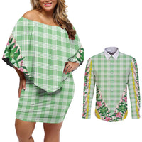 Hawaii Pikake Lokelani Plumeria Lei Couples Matching Off Shoulder Short Dress and Long Sleeve Button Shirt Green Palaka Motifs
