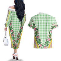 Hawaii Pikake Lokelani Plumeria Lei Couples Matching Off The Shoulder Long Sleeve Dress and Hawaiian Shirt Green Palaka Motifs LT05 - Polynesian Pride