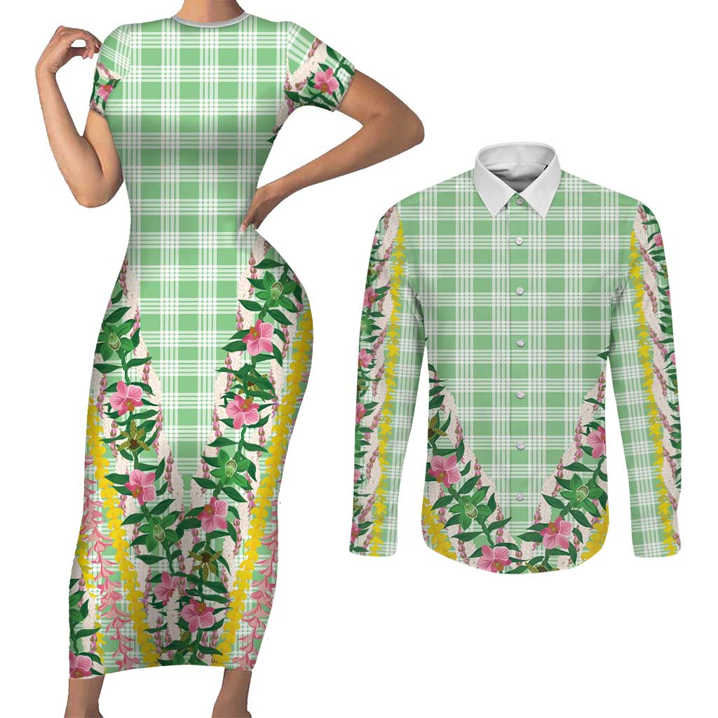 Hawaii Pikake Lokelani Plumeria Lei Couples Matching Short Sleeve Bodycon Dress and Long Sleeve Button Shirt Green Palaka Motifs LT05 Green - Polynesian Pride