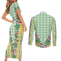 Hawaii Pikake Lokelani Plumeria Lei Couples Matching Short Sleeve Bodycon Dress and Long Sleeve Button Shirt Green Palaka Motifs
