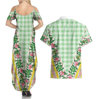 Hawaii Pikake Lokelani Plumeria Lei Couples Matching Summer Maxi Dress and Hawaiian Shirt Green Palaka Motifs