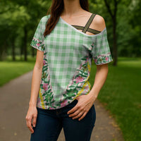 Hawaii Pikake Lokelani Plumeria Lei Cross Shoulder Shirt Green Palaka Motifs LT05 - Polynesian Pride