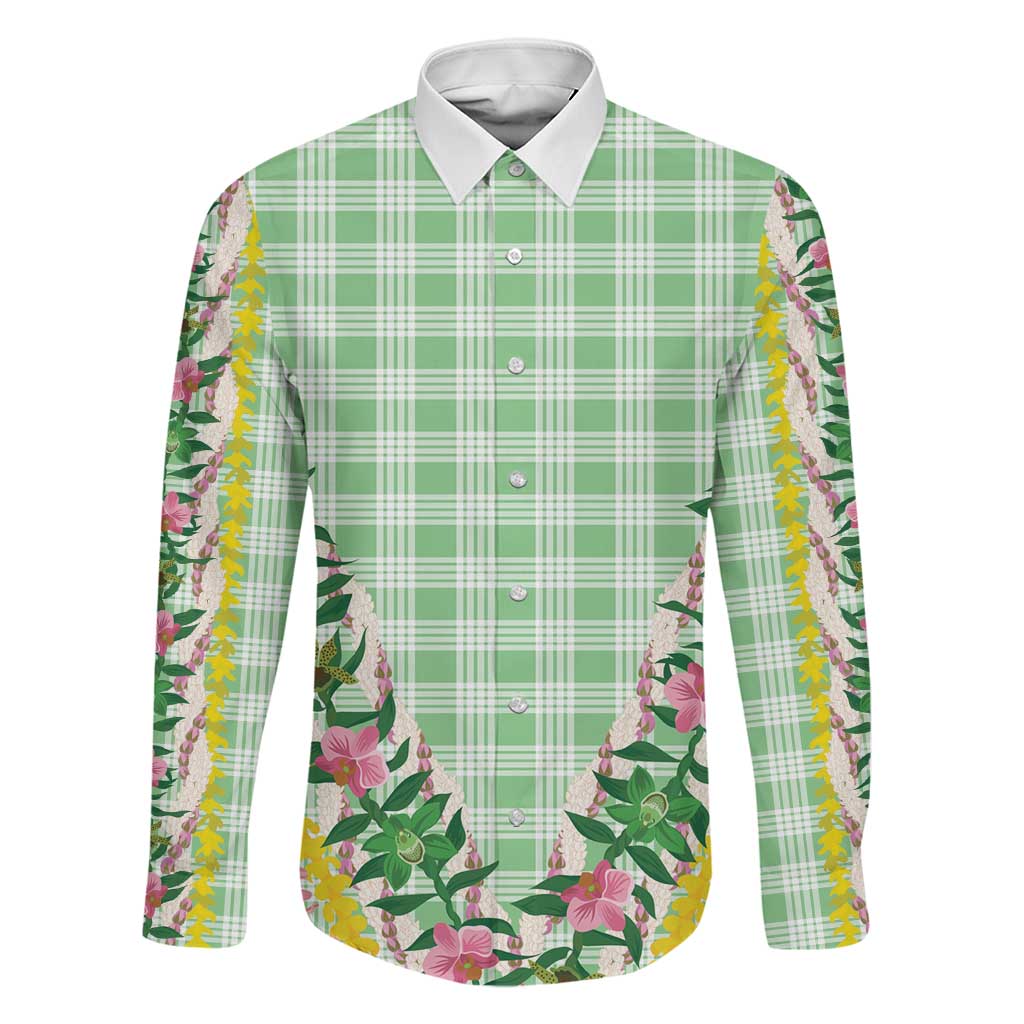 Hawaii Pikake Lokelani Plumeria Lei Family Matching Mermaid Dress and Hawaiian Shirt Green Palaka Motifs LT05 Dad's Shirt - Long Sleeve Green - Polynesian Pride