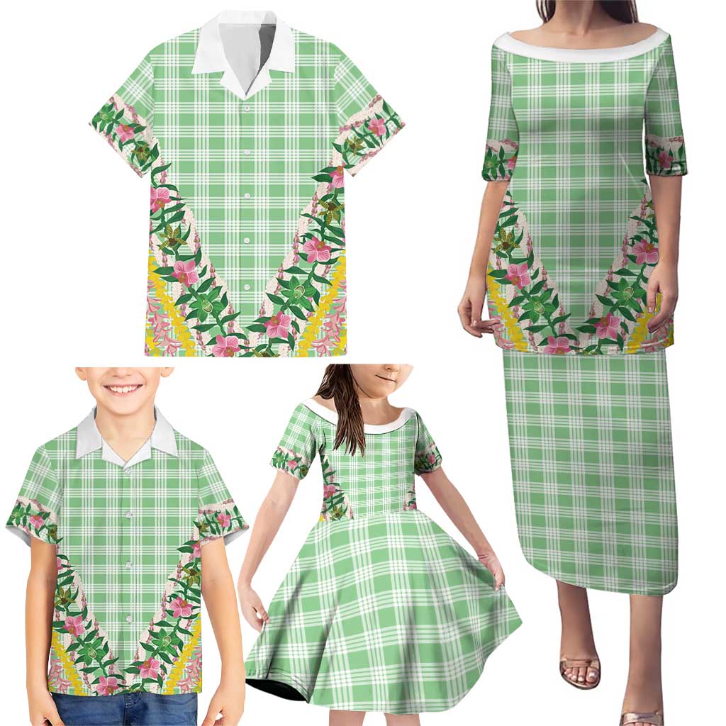 Hawaii Pikake Lokelani Plumeria Lei Family Matching Puletasi and Hawaiian Shirt Green Palaka Motifs LT05 - Polynesian Pride