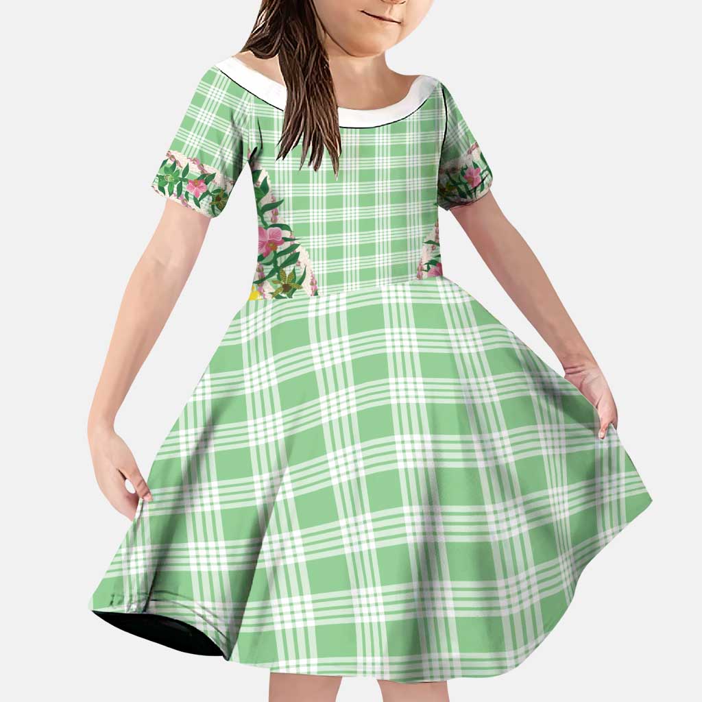 Hawaii Pikake Lokelani Plumeria Lei Family Matching Short Sleeve Bodycon Dress and Hawaiian Shirt Green Palaka Motifs LT05 Daughter's Dress Green - Polynesian Pride