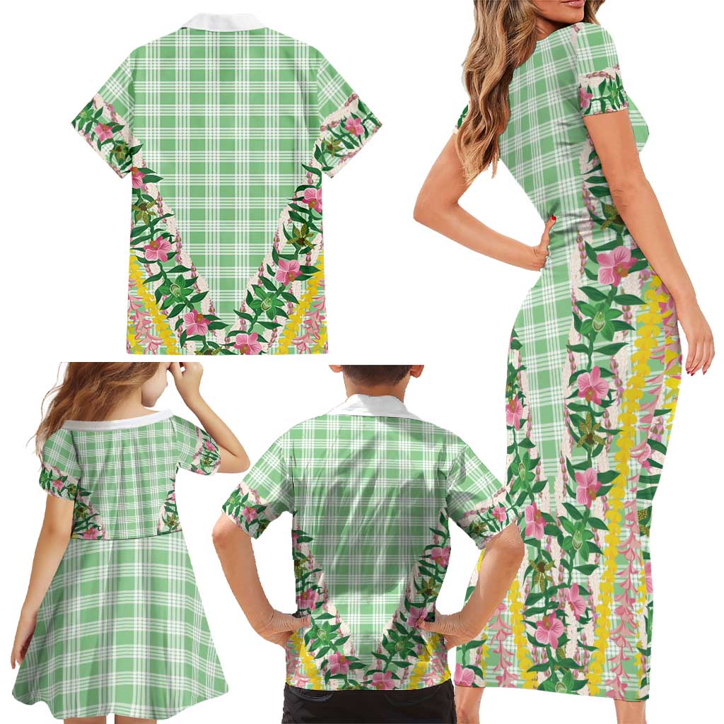Hawaii Pikake Lokelani Plumeria Lei Family Matching Short Sleeve Bodycon Dress and Hawaiian Shirt Green Palaka Motifs LT05 - Polynesian Pride