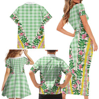 Hawaii Pikake Lokelani Plumeria Lei Family Matching Short Sleeve Bodycon Dress and Hawaiian Shirt Green Palaka Motifs LT05 - Polynesian Pride