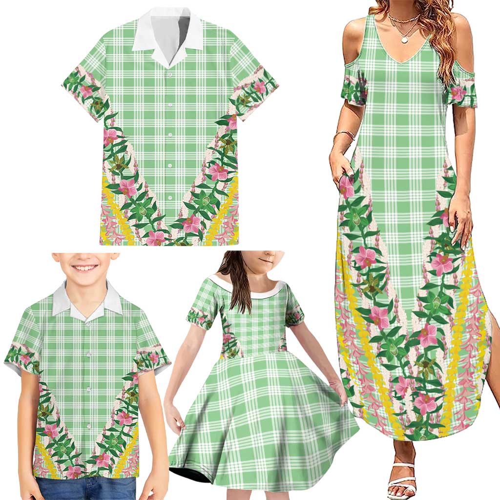 Hawaii Pikake Lokelani Plumeria Lei Family Matching Summer Maxi Dress and Hawaiian Shirt Green Palaka Motifs