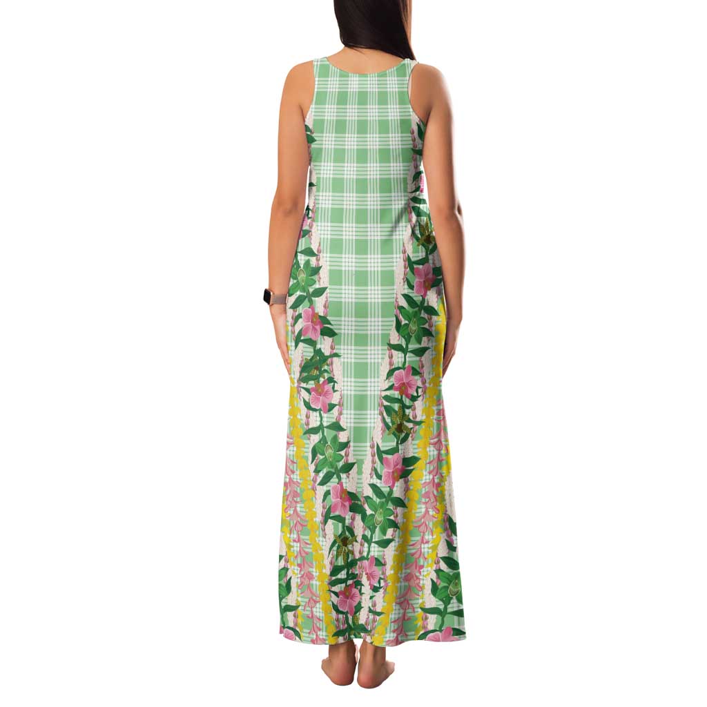 Hawaii Pikake Lokelani Plumeria Lei Family Matching Tank Maxi Dress and Hawaiian Shirt Green Palaka Motifs LT05 - Polynesian Pride