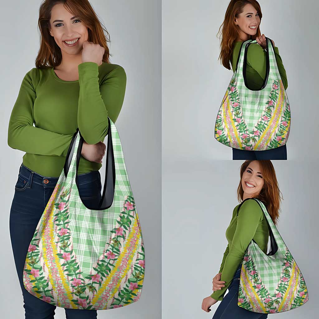 Hawaii Pikake Lokelani Plumeria Lei Grocery Bag Green Palaka Motifs