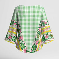 Hawaii Pikake Lokelani Plumeria Lei Kimono Sleeve Blouse Green Palaka Motifs LT05 - Polynesian Pride