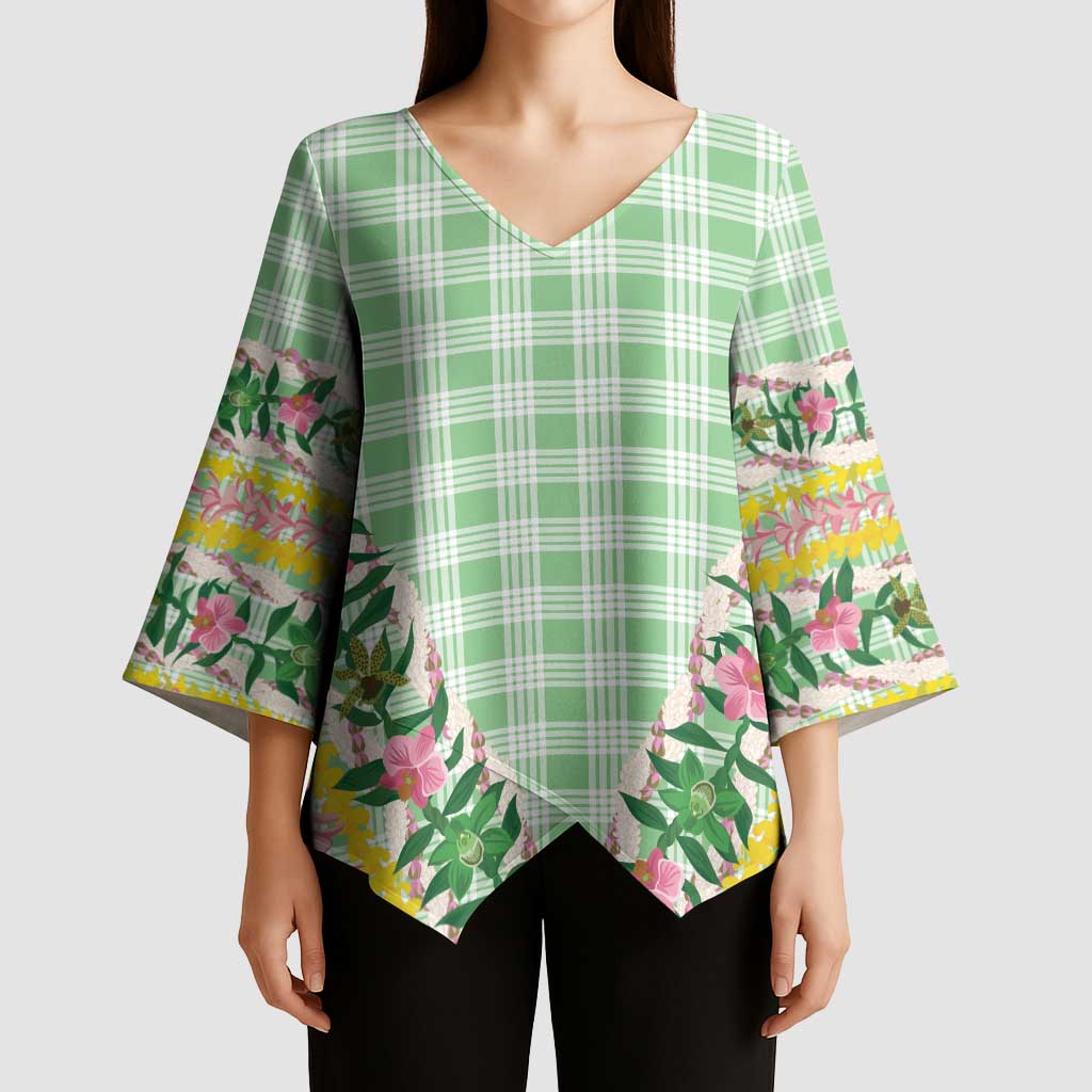 Hawaii Pikake Lokelani Plumeria Lei Kimono Sleeve Blouse Green Palaka Motifs LT05 - Polynesian Pride