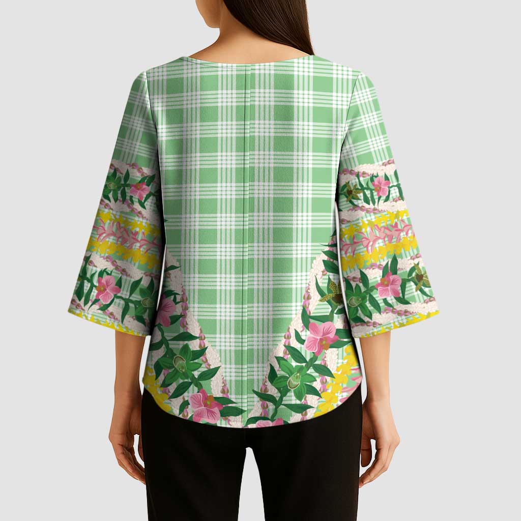 Hawaii Pikake Lokelani Plumeria Lei Kimono Sleeve Blouse Green Palaka Motifs LT05 - Polynesian Pride