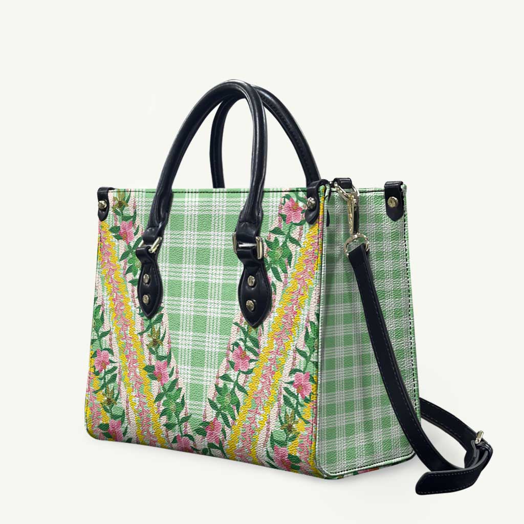 Hawaii Pikake Lokelani Plumeria Lei Leather Bag Green Palaka Motifs LT05 Green - Polynesian Pride