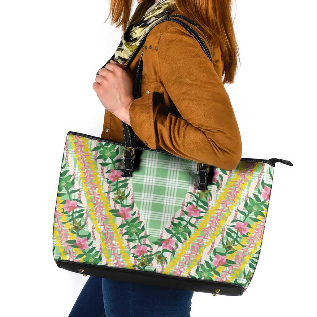 Hawaii Pikake Lokelani Plumeria Lei Leather Tote Bag Green Palaka Motifs LT05 Green - Polynesian Pride