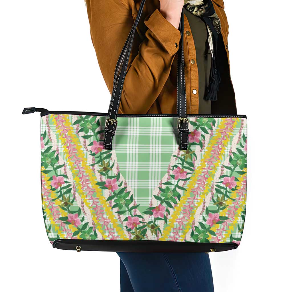 Hawaii Pikake Lokelani Plumeria Lei Leather Tote Bag Green Palaka Motifs LT05 - Polynesian Pride