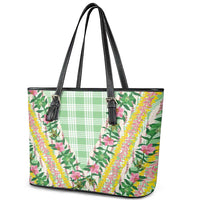 Hawaii Pikake Lokelani Plumeria Lei Leather Tote Bag Green Palaka Motifs LT05 - Polynesian Pride