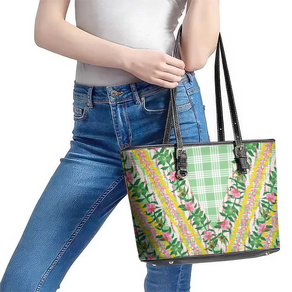 Hawaii Pikake Lokelani Plumeria Lei Leather Tote Bag Green Palaka Motifs LT05 - Polynesian Pride