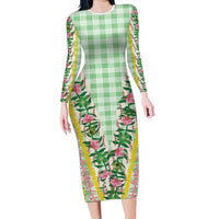 Hawaii Pikake Lokelani Plumeria Lei Long Sleeve Bodycon Dress Green Palaka Motifs LT05 Long Dress Green - Polynesian Pride