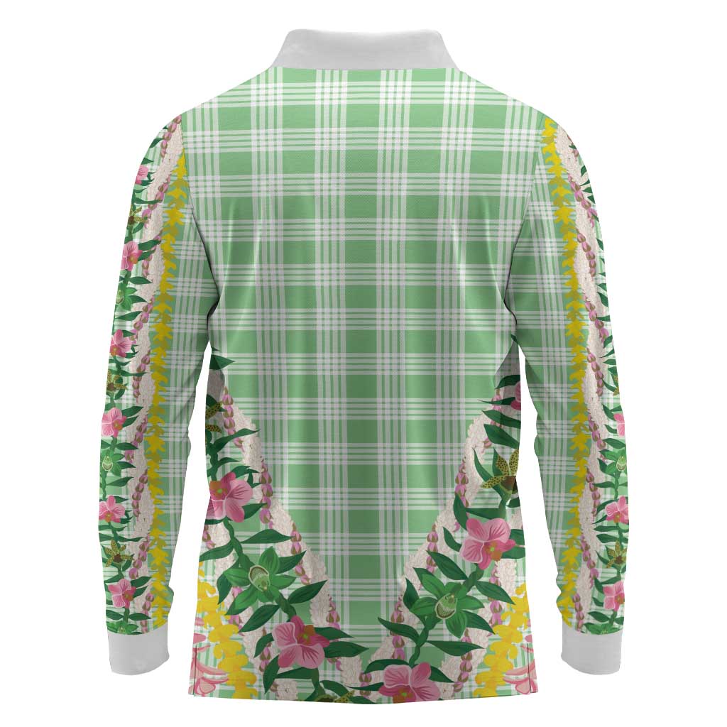 Hawaii Pikake Lokelani Plumeria Lei Long Sleeve Polo Shirt Green Palaka Motifs LT05 - Polynesian Pride