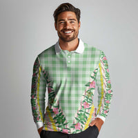 Hawaii Pikake Lokelani Plumeria Lei Long Sleeve Polo Shirt Green Palaka Motifs LT05 - Polynesian Pride