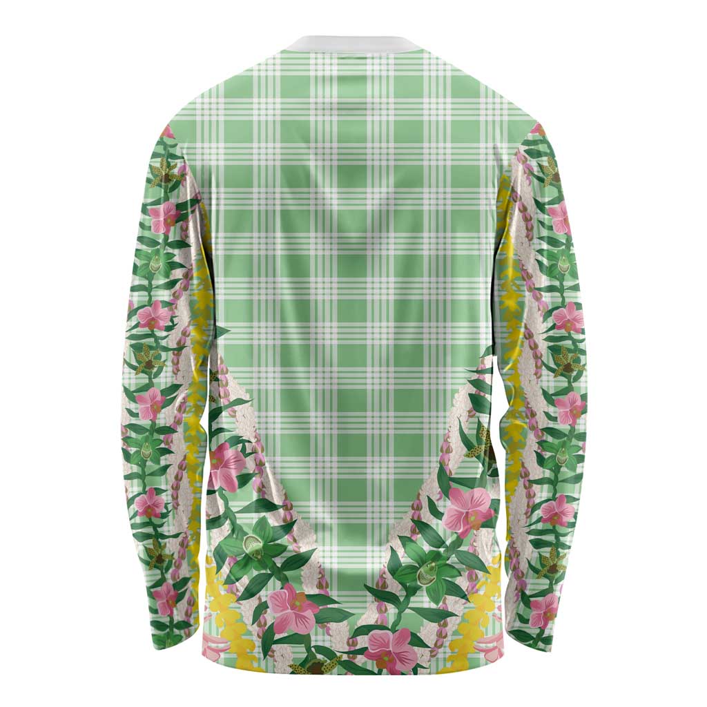 Hawaii Pikake Lokelani Plumeria Lei Long Sleeve Shirt Green Palaka Motifs LT05 - Polynesian Pride