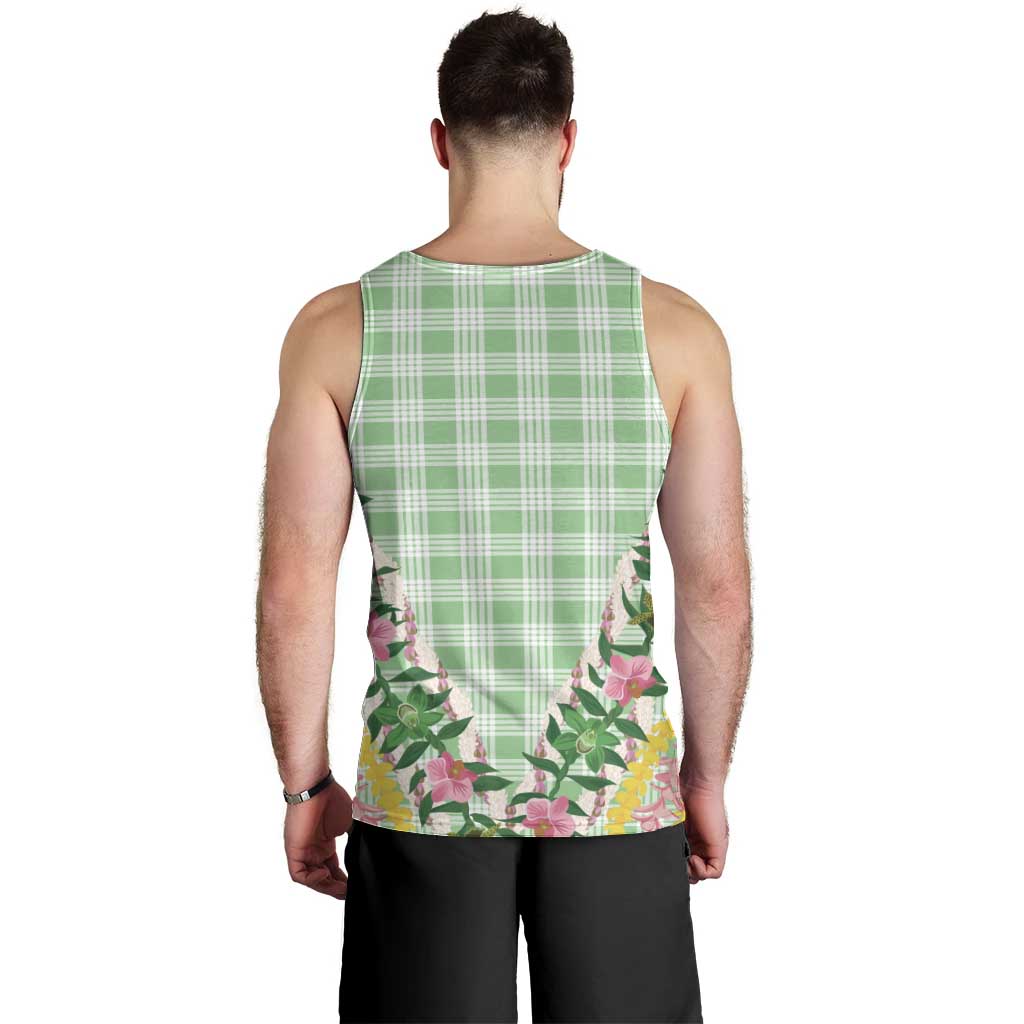 Hawaii Pikake Lokelani Plumeria Lei Men Tank Top Green Palaka Motifs LT05 - Polynesian Pride