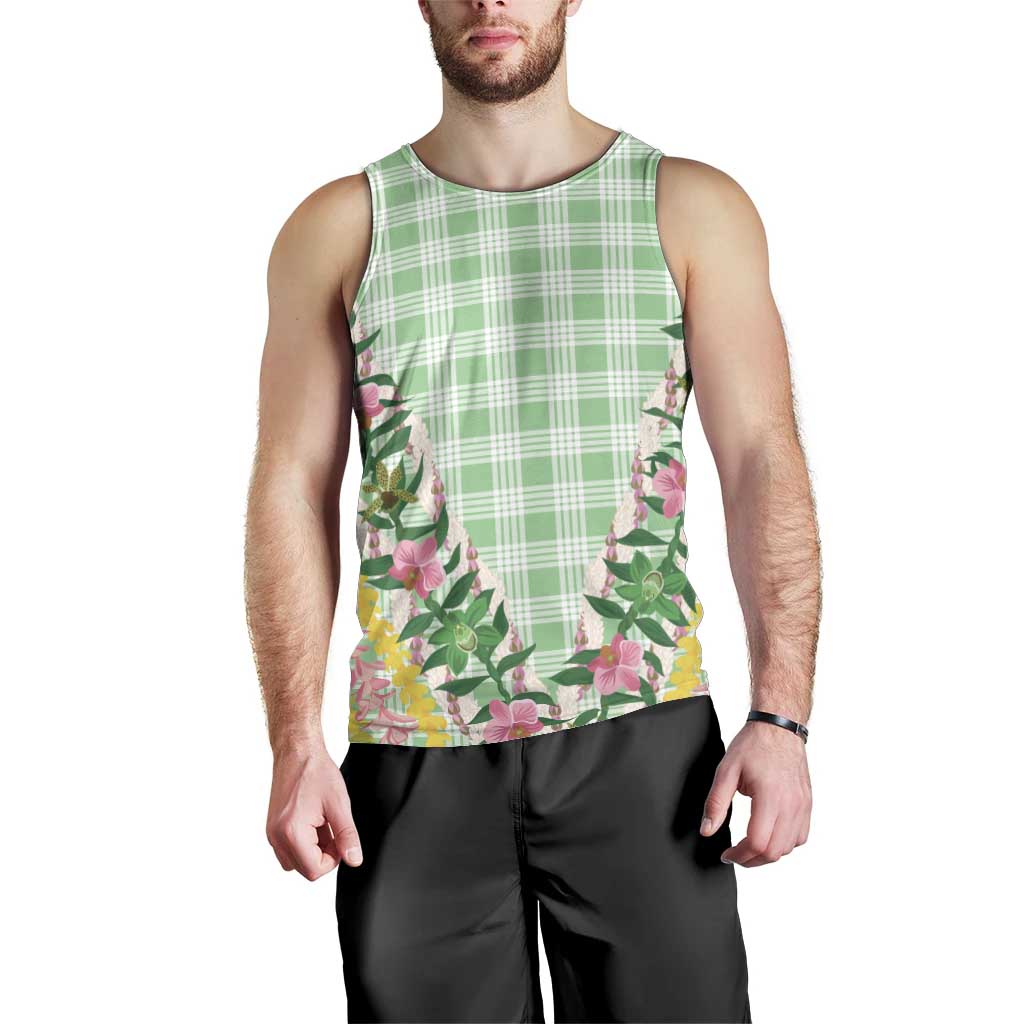 Hawaii Pikake Lokelani Plumeria Lei Men Tank Top Green Palaka Motifs LT05 - Polynesian Pride