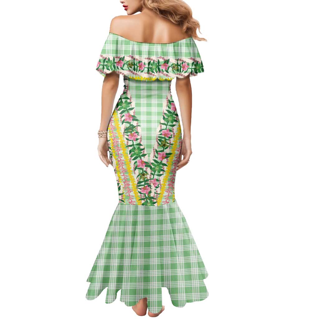Hawaii Pikake Lokelani Plumeria Lei Mermaid Dress Green Palaka Motifs LT05 - Polynesian Pride