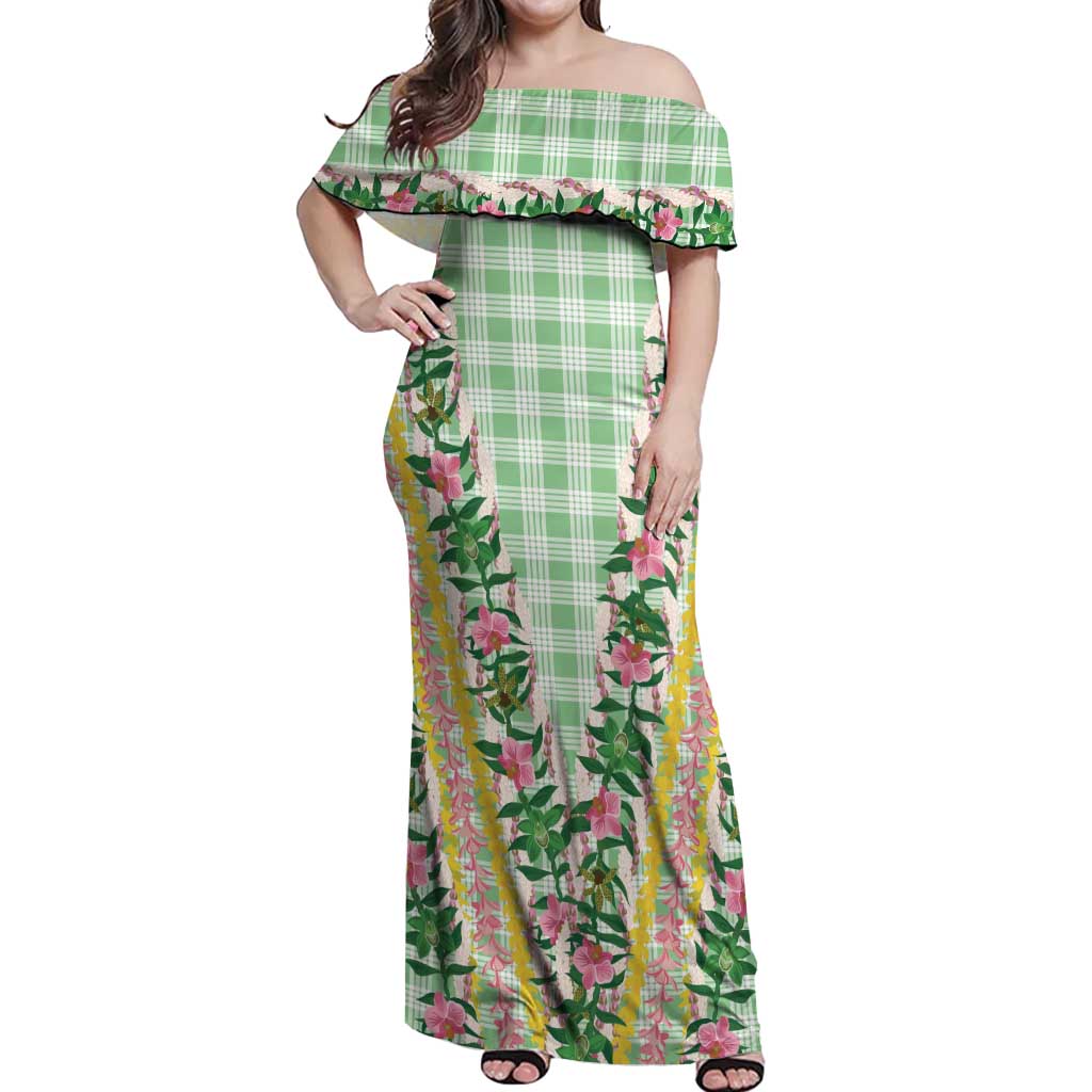 Hawaii Pikake Lokelani Plumeria Lei Off Shoulder Maxi Dress Green Palaka Motifs LT05 Women Green - Polynesian Pride