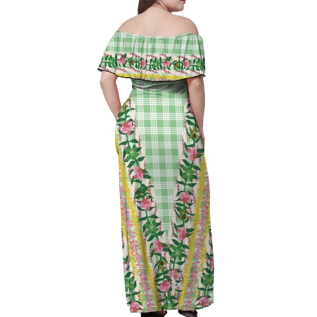 Hawaii Pikake Lokelani Plumeria Lei Off Shoulder Maxi Dress Green Palaka Motifs LT05 - Polynesian Pride
