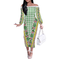 Hawaii Pikake Lokelani Plumeria Lei Off The Shoulder Long Sleeve Dress Green Palaka Motifs LT05 Women Green - Polynesian Pride