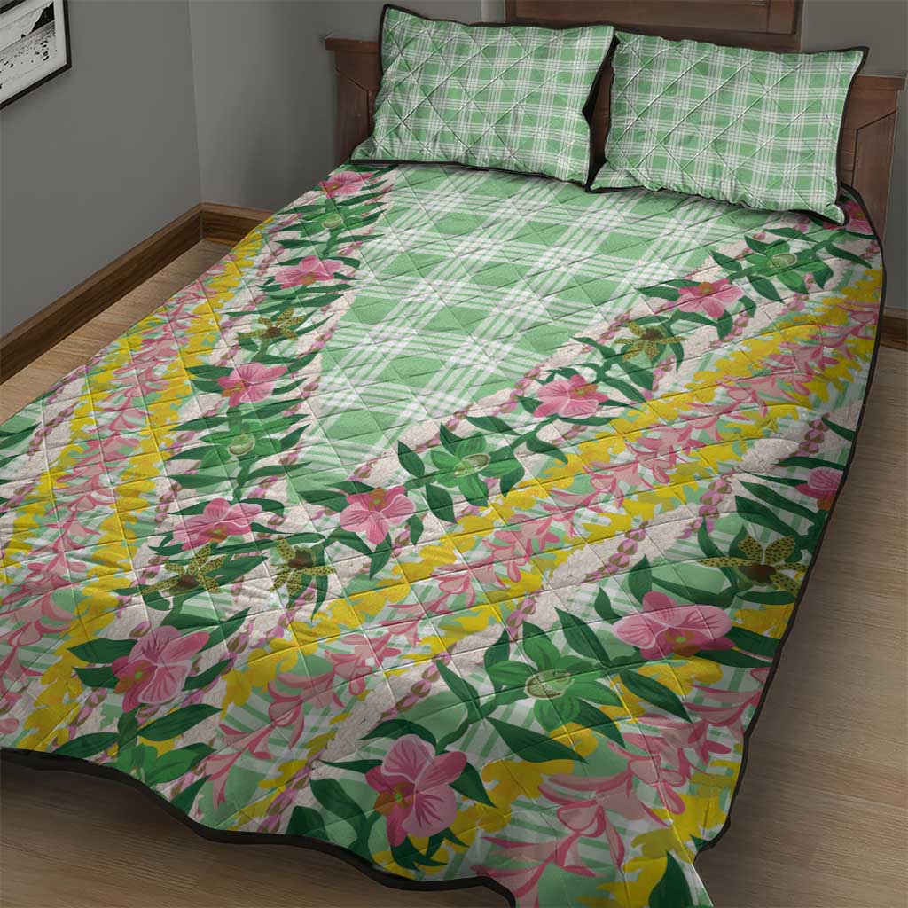 Hawaii Pikake Lokelani Plumeria Lei Quilt Bed Set Green Palaka Motifs