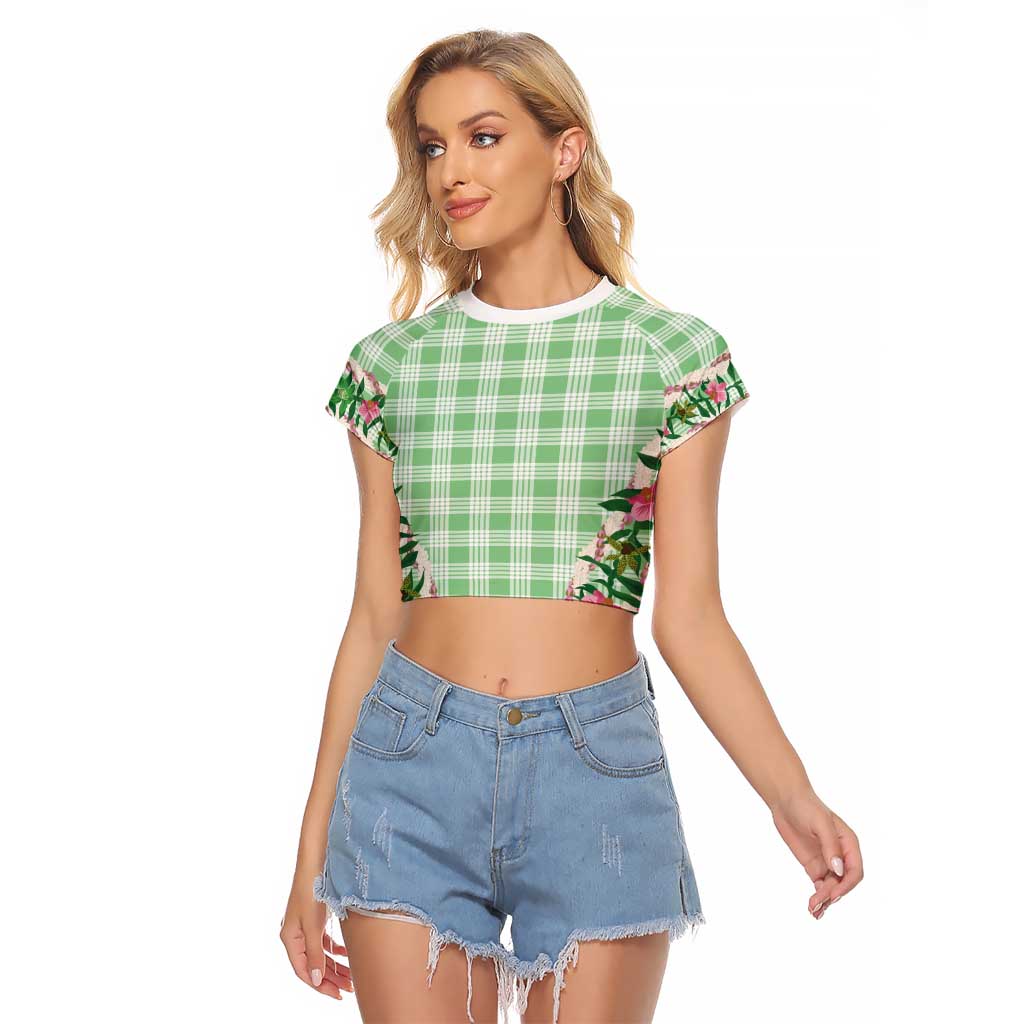 Hawaii Pikake Lokelani Plumeria Lei Raglan Cropped T Shirt Green Palaka Motifs LT05 Female Green - Polynesian Pride