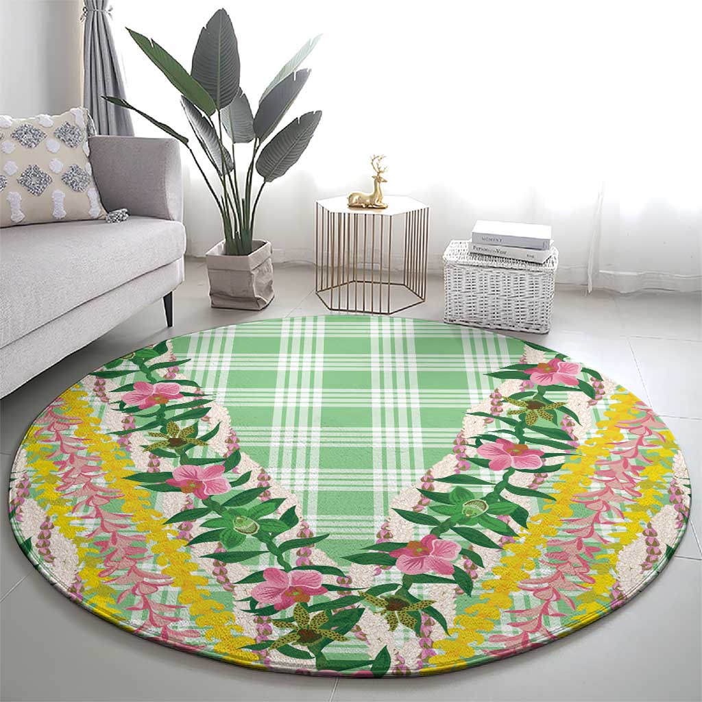 Hawaii Pikake Lokelani Plumeria Lei Round Carpet Green Palaka Motifs