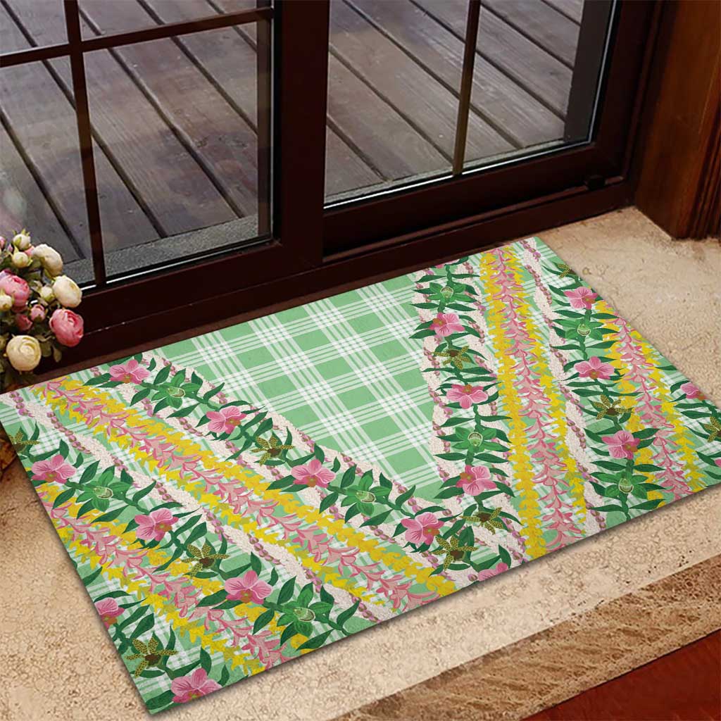 Hawaii Pikake Lokelani Plumeria Lei Rubber Doormat Green Palaka Motifs