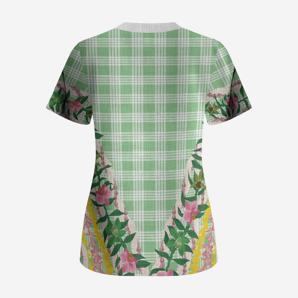 Hawaii Pikake Lokelani Plumeria Lei Scrub Top Green Palaka Motifs