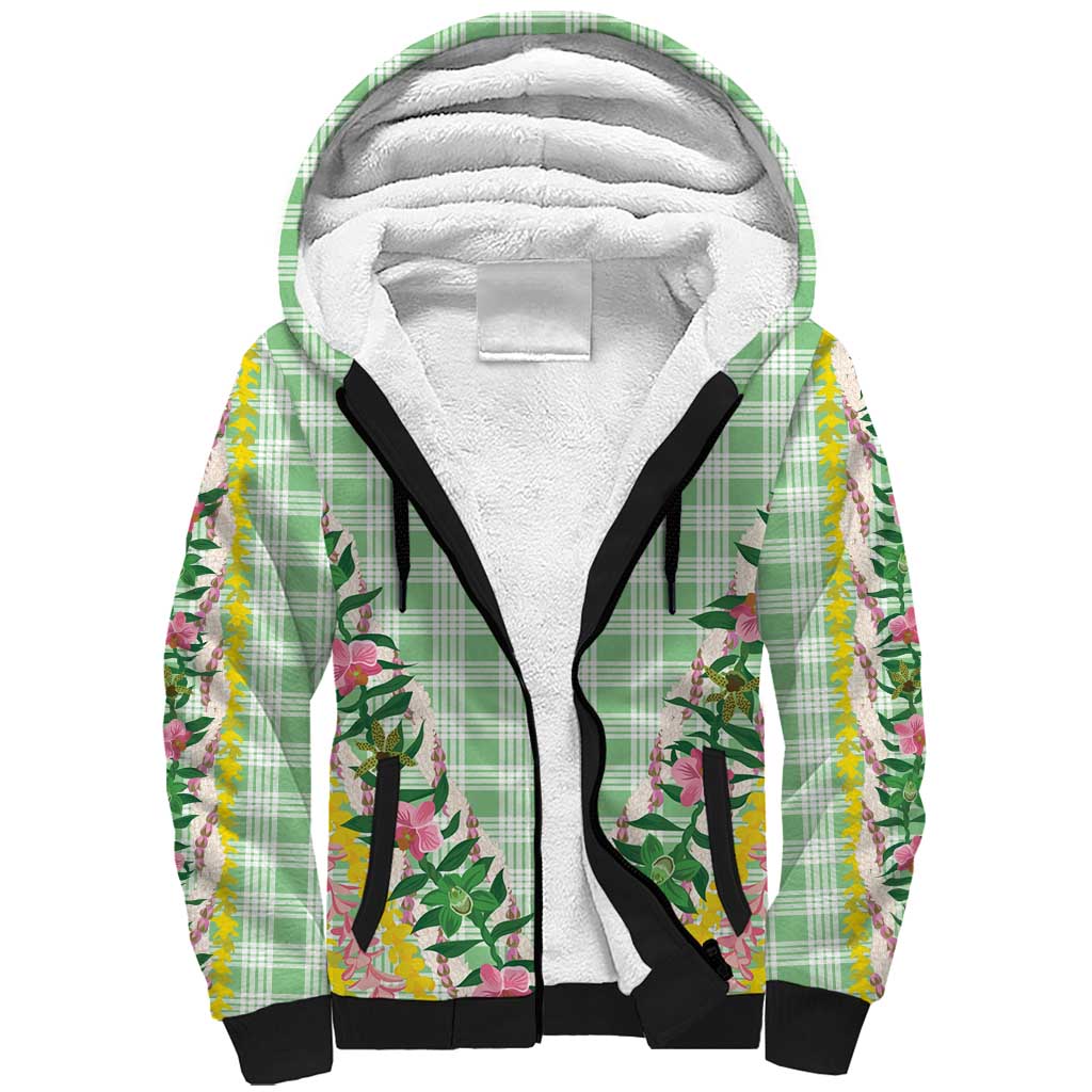 Hawaii Pikake Lokelani Plumeria Lei Sherpa Hoodie Green Palaka Motifs LT05 Unisex Green - Polynesian Pride