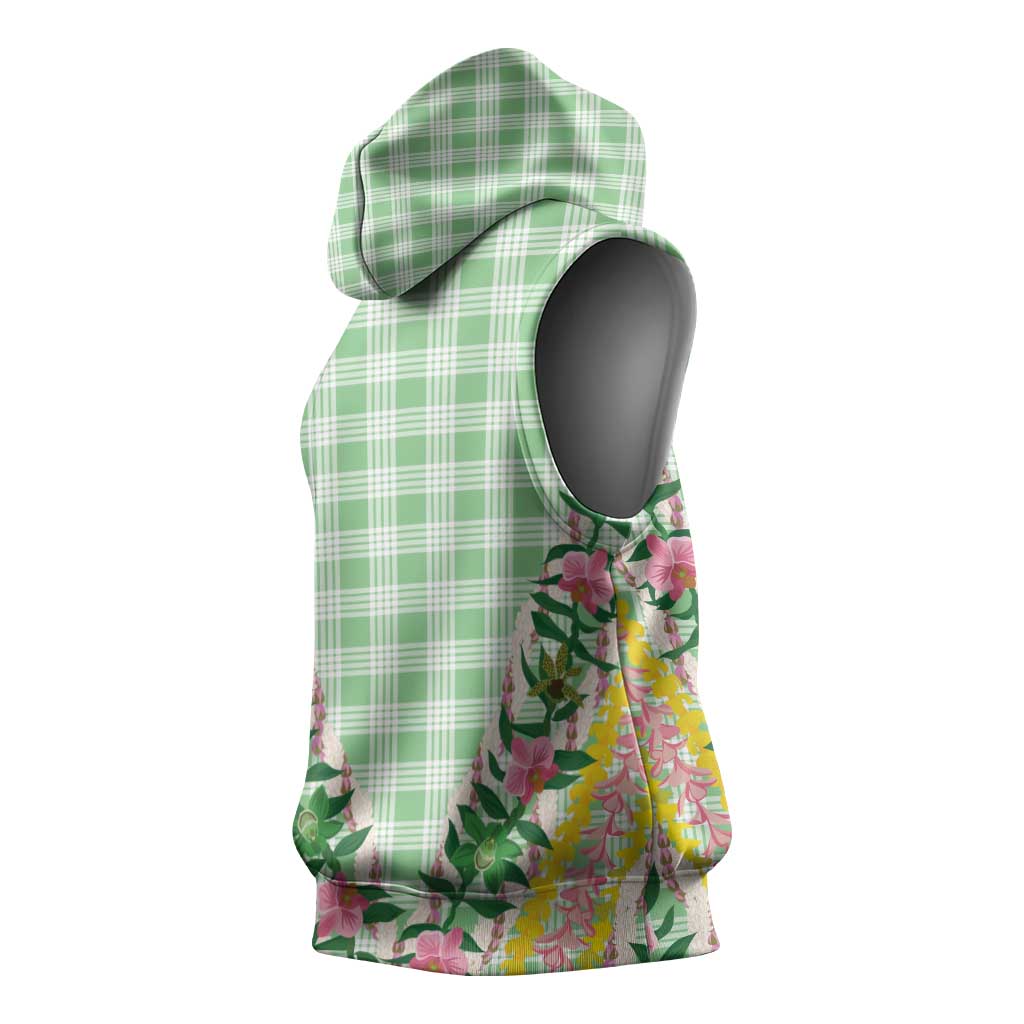 Hawaii Pikake Lokelani Plumeria Lei Sleeveless Hoodie Green Palaka Motifs LT05 - Polynesian Pride